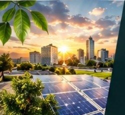 Solar panels and city at sunset